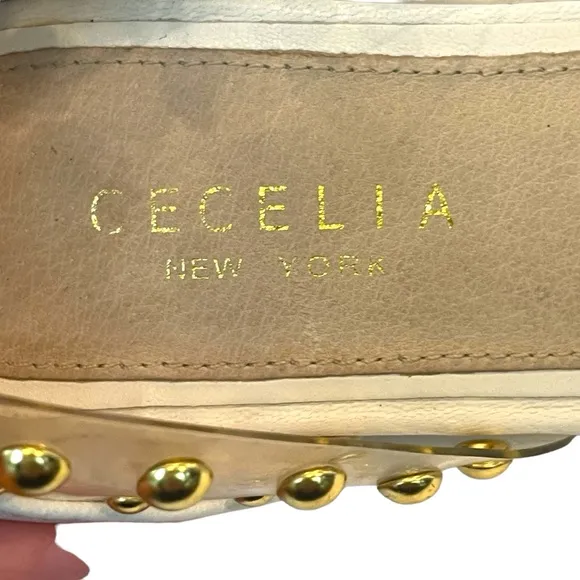 Cecelia New York Min Ballet Flats Blue Suede White Leather Gold Studs Size 8