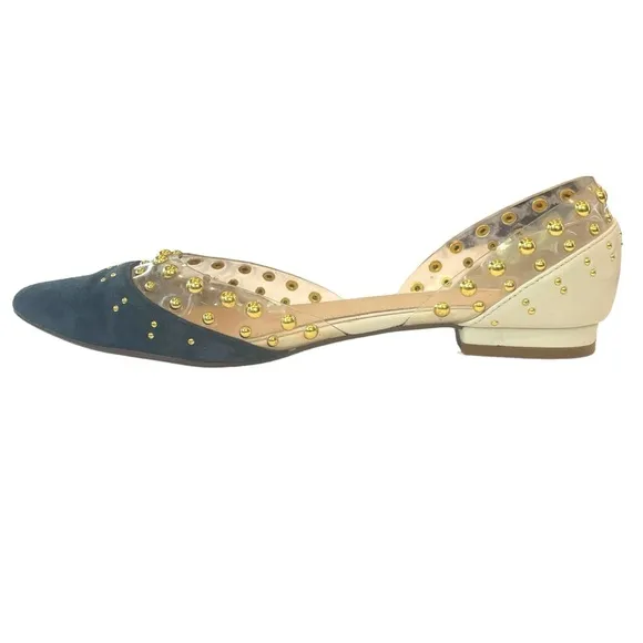 Cecelia New York Min Ballet Flats Blue Suede White Leather Gold Studs Size 8