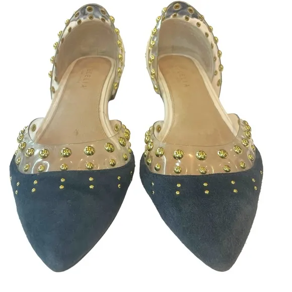 Cecelia New York Min Ballet Flats Blue Suede White Leather Gold Studs Size 8