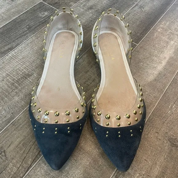 Cecelia New York Min Ballet Flats Blue Suede White Leather Gold Studs Size 8