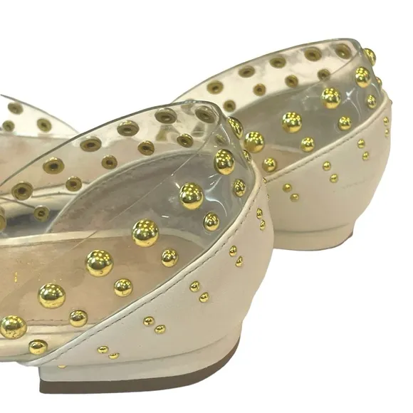 Cecelia New York Min Ballet Flats Blue Suede White Leather Gold Studs Size 8