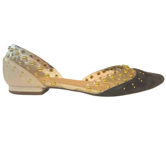 Cecelia New York Min Ballet Flats Blue Suede White Leather Gold Studs Size 8