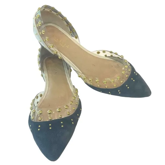 Cecelia New York Min Ballet Flats Blue Suede White Leather Gold Studs Size 8