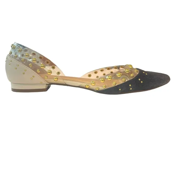 Cecelia New York Min Ballet Flats Blue Suede White Leather Gold Studs Size 8
