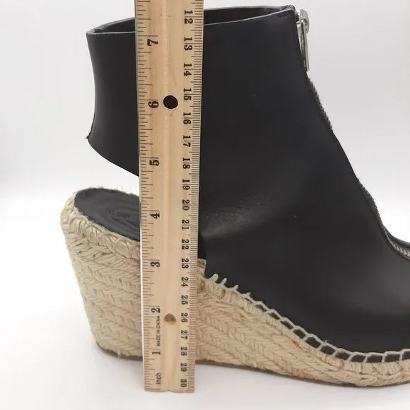 CELINE Wedge Espadrilles Black Leather Front Zip SZ 39