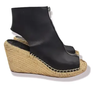 CELINE Wedge Espadrilles Black Leather Front Zip SZ 39