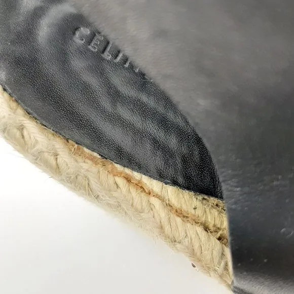 CELINE Wedge Espadrilles Black Leather Front Zip SZ 39
