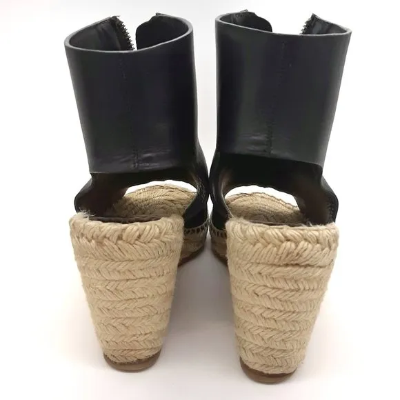 CELINE Wedge Espadrilles Black Leather Front Zip SZ 39