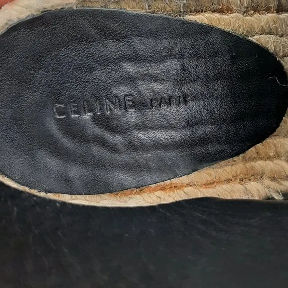 CELINE Wedge Espadrilles Black Leather Front Zip SZ 39