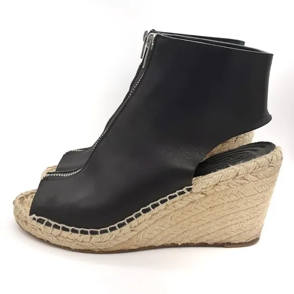 CELINE Wedge Espadrilles Black Leather Front Zip SZ 39