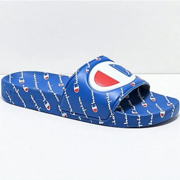 Champion IPO Repeat Slides Blue White Sandals Flip Flops