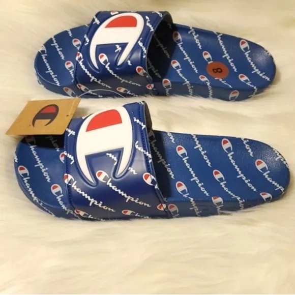 Champion IPO Repeat Slides Blue White Sandals Flip Flops