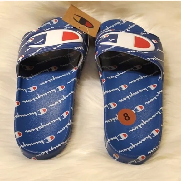 Champion IPO Repeat Slides Blue White Sandals Flip Flops