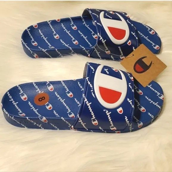 Champion IPO Repeat Slides Blue White Sandals Flip Flops