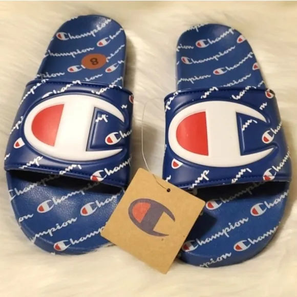 Champion IPO Repeat Slides Blue White Sandals Flip Flops