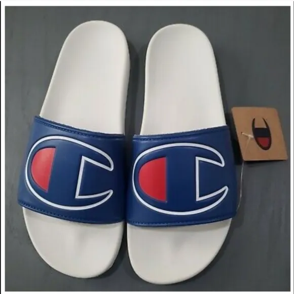Champion IPO Royal White Slides Sandals Flip Flops