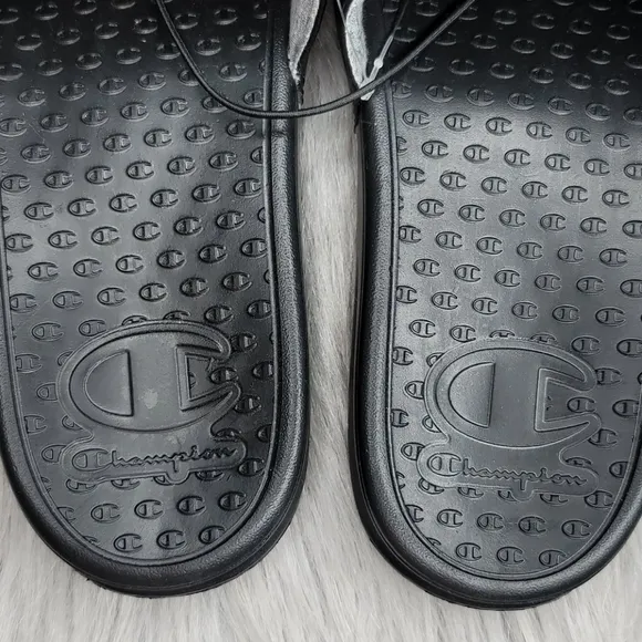 Champion Super Slide Split Script Logo Black Red Flip Flops