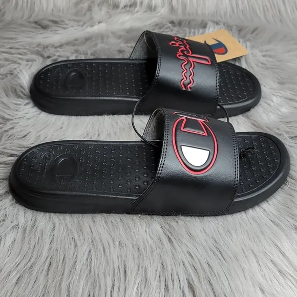 Champion Super Slide Split Script Logo Black Red Flip Flops