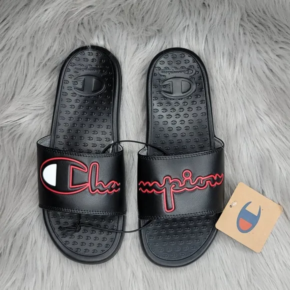 Champion Super Slide Split Script Logo Black Red Flip Flops