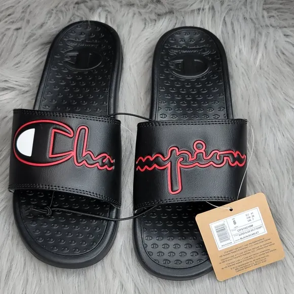Champion Super Slide Split Script Logo Black Red Flip Flops