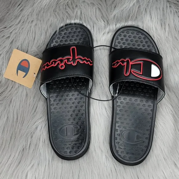 Champion Super Slide Split Script Logo Black Red Flip Flops