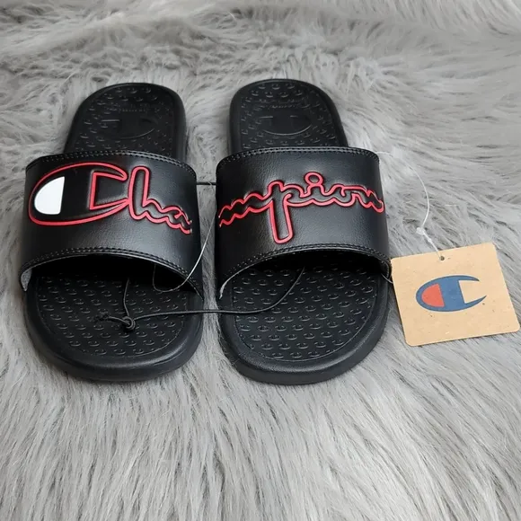 Champion Super Slide Split Script Logo Black Red Flip Flops