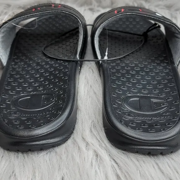 Champion Super Slide Split Script Logo Black Red Flip Flops