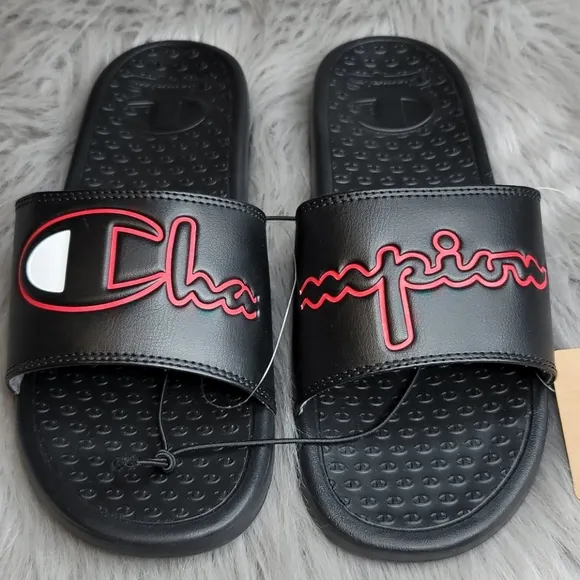 Champion Super Slide Split Script Logo Black Red Flip Flops