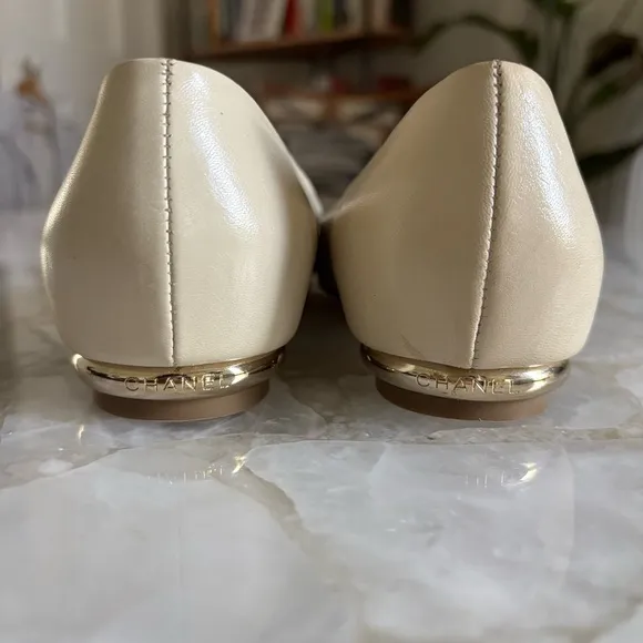 Chanel Cream Flats with Gold Pointed Toe Cap