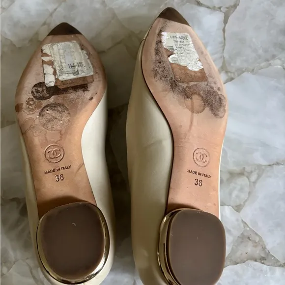 Chanel Cream Flats with Gold Pointed Toe Cap