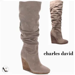 Charles David Helsinki Beige Slouched Knee High Suede Platform Wedge Boots 9.5