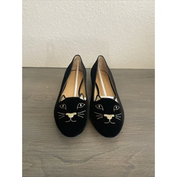 Charlotte Olympia Women's Ballet Flats Black Velvet Cat Slip On Loafer 39