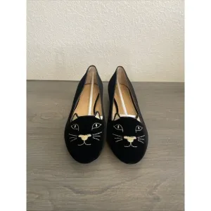 Charlotte Olympia Women's Ballet Flats Black Velvet Cat Slip On Loafer 39