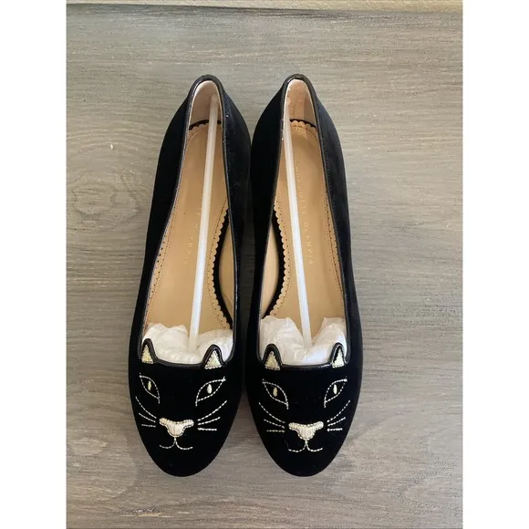 Charlotte Olympia Women's Ballet Flats Black Velvet Cat Slip On Loafer 39