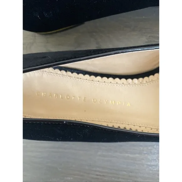 Charlotte Olympia Women's Ballet Flats Black Velvet Cat Slip On Loafer 39