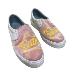 Chiara Ferragni &quot;baby pink&quot; embroidered velvet pink slip on sneakers size 39