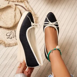 Chic Black and Cream Espadrilles with Bow Point Toe Block Heel Slip-Ons