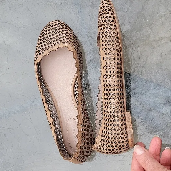 Chloé Lauren Perforated Tan Lasercut Braided Leather Ballet Flats Made Italy 6.5
