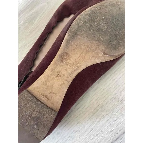 Chloe Burgundy Scalloped Edge suede Lauren Flats Size 38 7.5 US