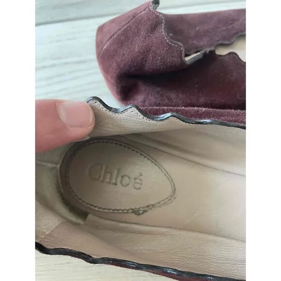 Chloe Burgundy Scalloped Edge suede Lauren Flats Size 38 7.5 US