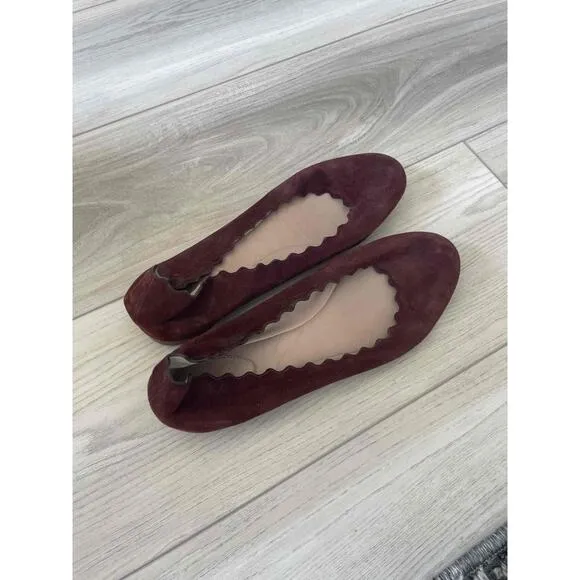 Chloe Burgundy Scalloped Edge suede Lauren Flats Size 38 7.5 US