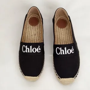 Chloe Size 38 Woody Canvas Leather Espadrilles Black White Wedge Italy
