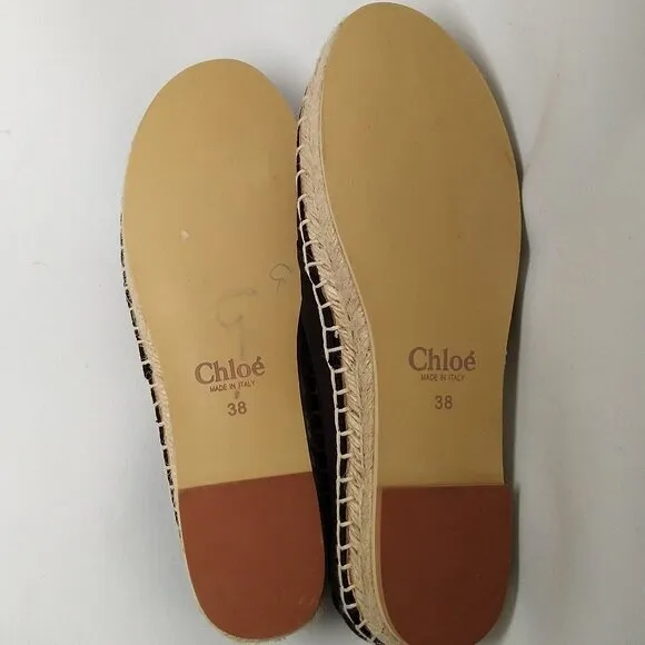 Chloe Size 38 Woody Canvas Leather Espadrilles Black White Wedge Italy