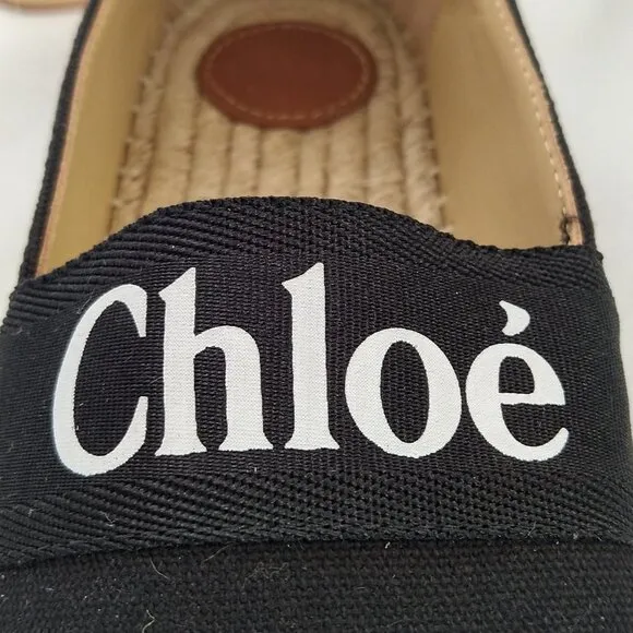 Chloe Size 38 Woody Canvas Leather Espadrilles Black White Wedge Italy