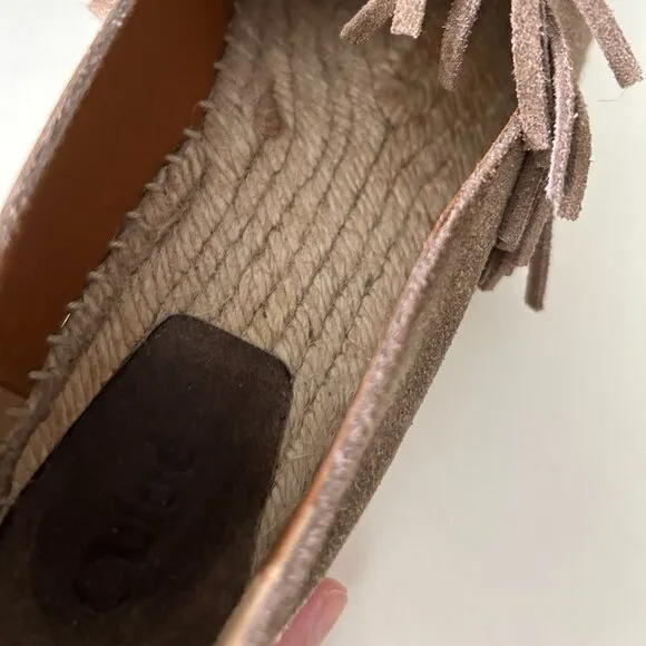 Chloe Suede Fringe Trim Accent Espadrilles Shoes Grey/Brown/Taupe Size 38