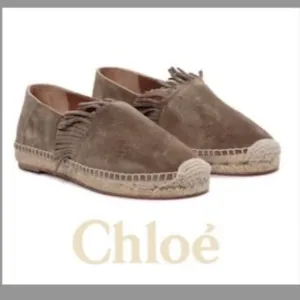 Chloe Suede Fringe Trim Accent Espadrilles Shoes Grey/Brown/Taupe Size 38