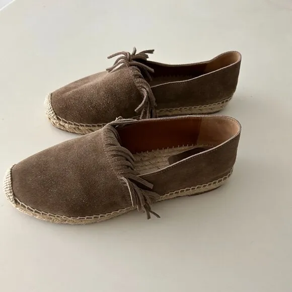 Chloe Suede Fringe Trim Accent Espadrilles Shoes Grey/Brown/Taupe Size 38