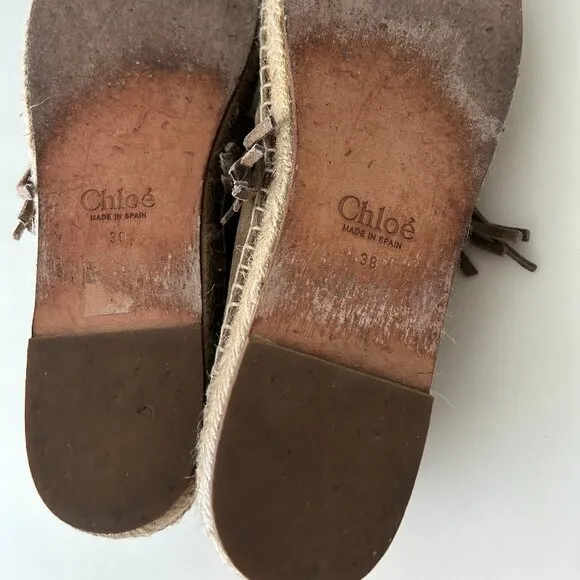 Chloe Suede Fringe Trim Accent Espadrilles Shoes Grey/Brown/Taupe Size 38