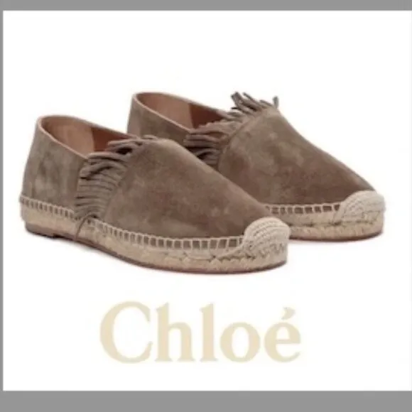 Chloe Suede Fringe Trim Accent Espadrilles Shoes Grey/Brown/Taupe Size 38