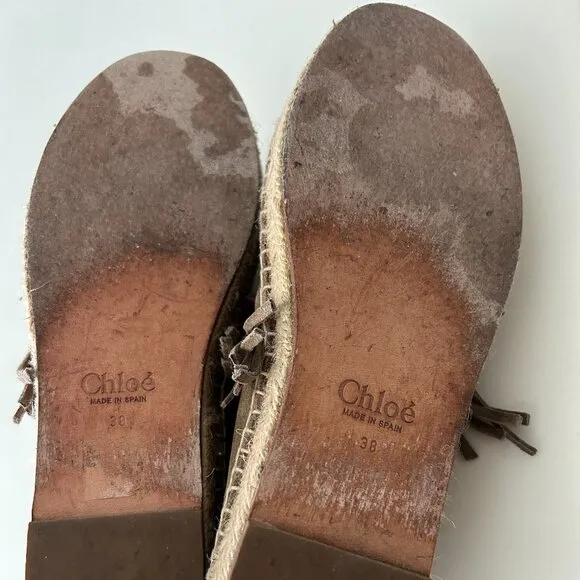 Chloe Suede Fringe Trim Accent Espadrilles Shoes Grey/Brown/Taupe Size 38